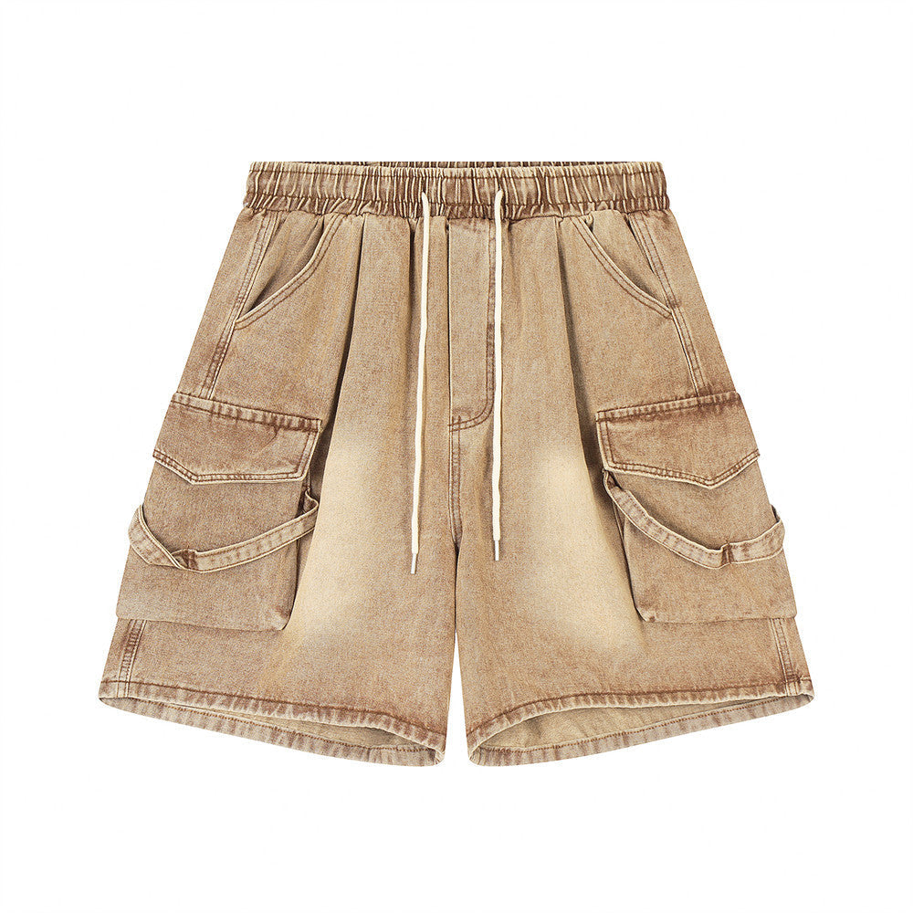 Men Shorts Vintage Denim Shorts Distressed Multi-Pocket