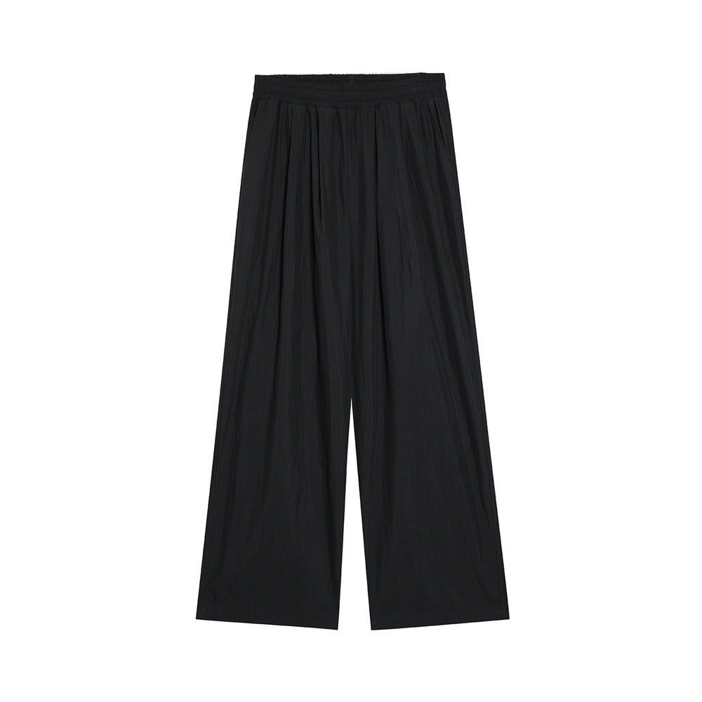 Men Sweatpants Solid Color Wide-Leg Casual Pants Pleated Draping Elastic Waist Loose Draggle-Tail Trousers