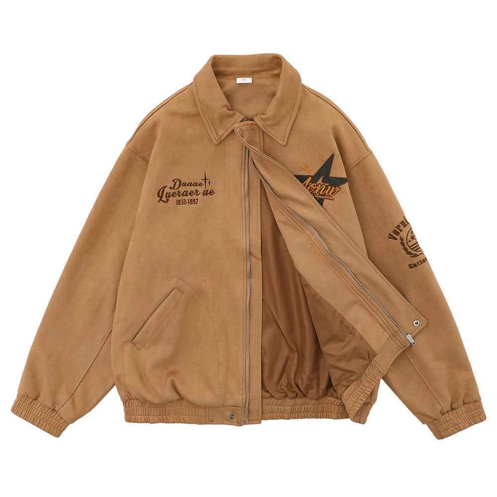 Men Jacket Coat Embroidered Lapel Baseball Uniform Jacket Men's Ins Autumn and Winter Loose Pilot Jacket