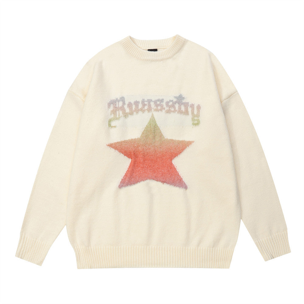 Men Sweater Hip Hop Five-Pointed Star Jacquard round Neck Knitted Shirt