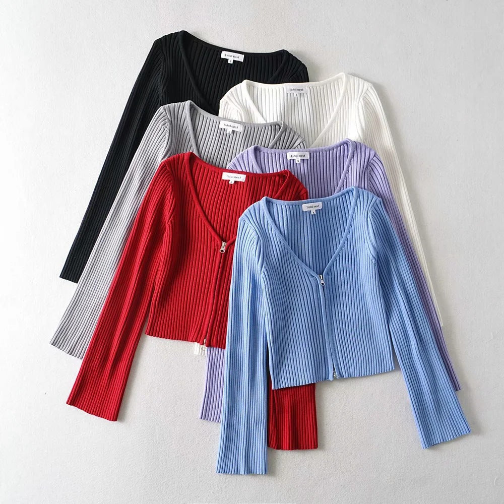 Women Sweater Knit Wear Spring and Autumn Double Zipper Knitted Cardigan Jacket