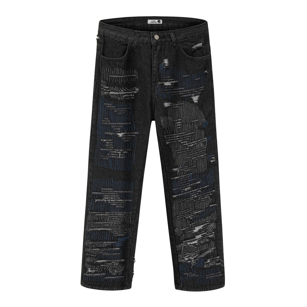 Men Jeans Ripped Distressed Ripped Cool Loose