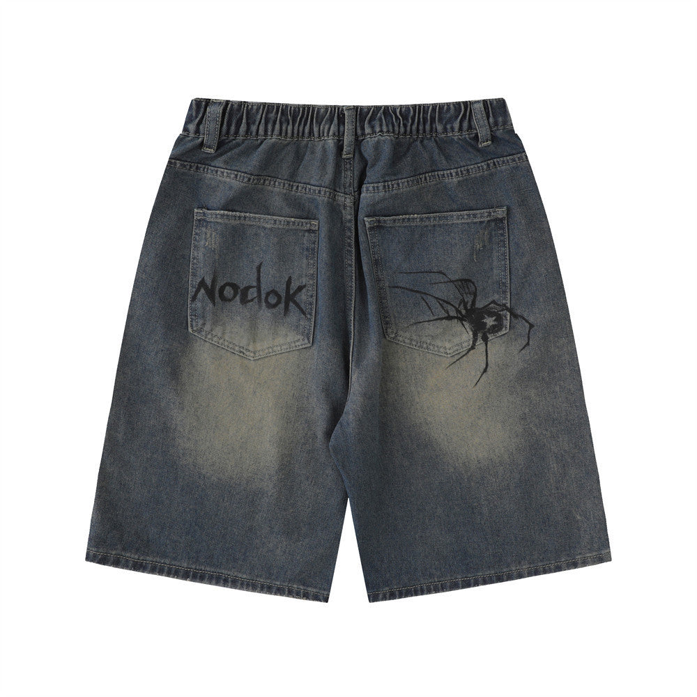 Men Shorts Spider Printed Denim Shorts Loose Casual White