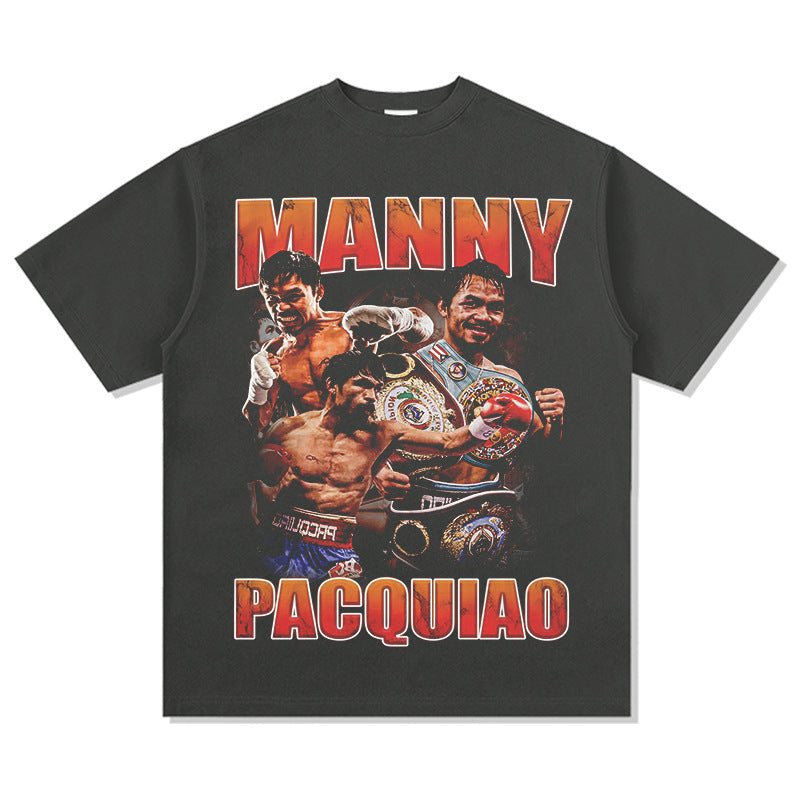 Mens Vintage Boxer T-Shirt Manny Pacquiao Pac Men Printed Short Sleeve T-Shirt Washed Top