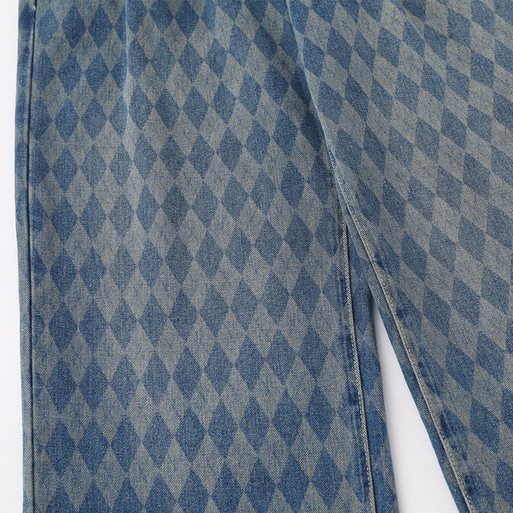 Women Pants Contrast Color Diamond Jeans Pocket Pleating Baggy Straight Trousers
