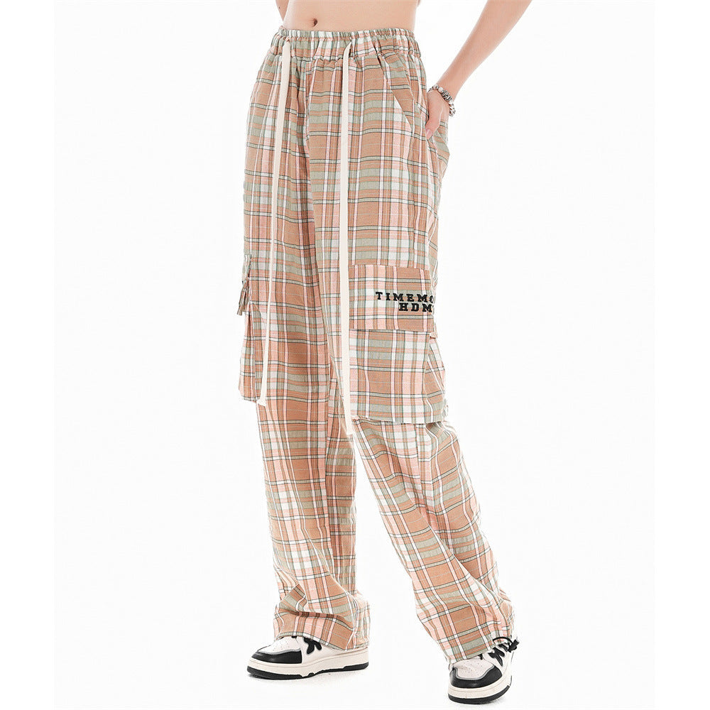 Men Sweatpants Plaid Casual Trousers Multi-Pocket Workwear Straight-Leg Pants