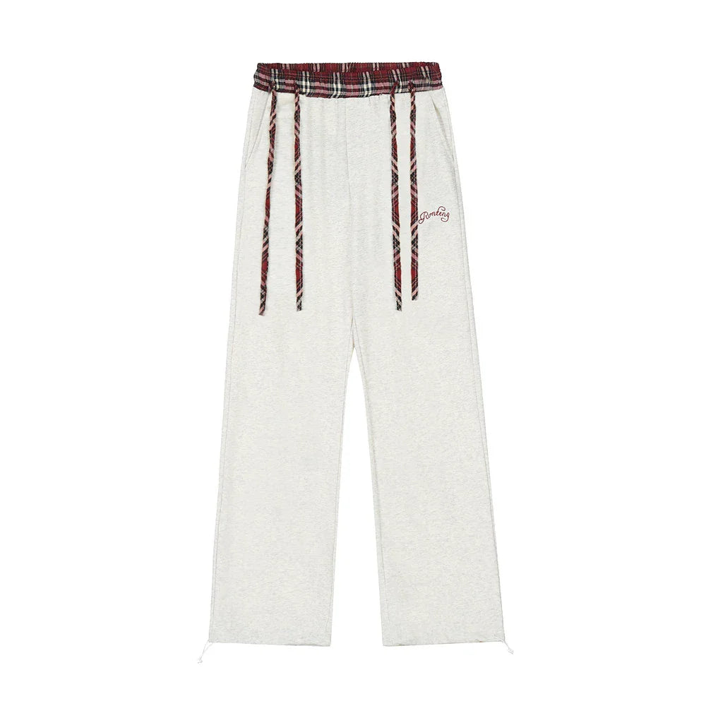 Men Sweatpants Straight Casual Pants Stitching Loose Long Sports Pants Elastic Waist Sports Drawstring Ankle Banded Pants