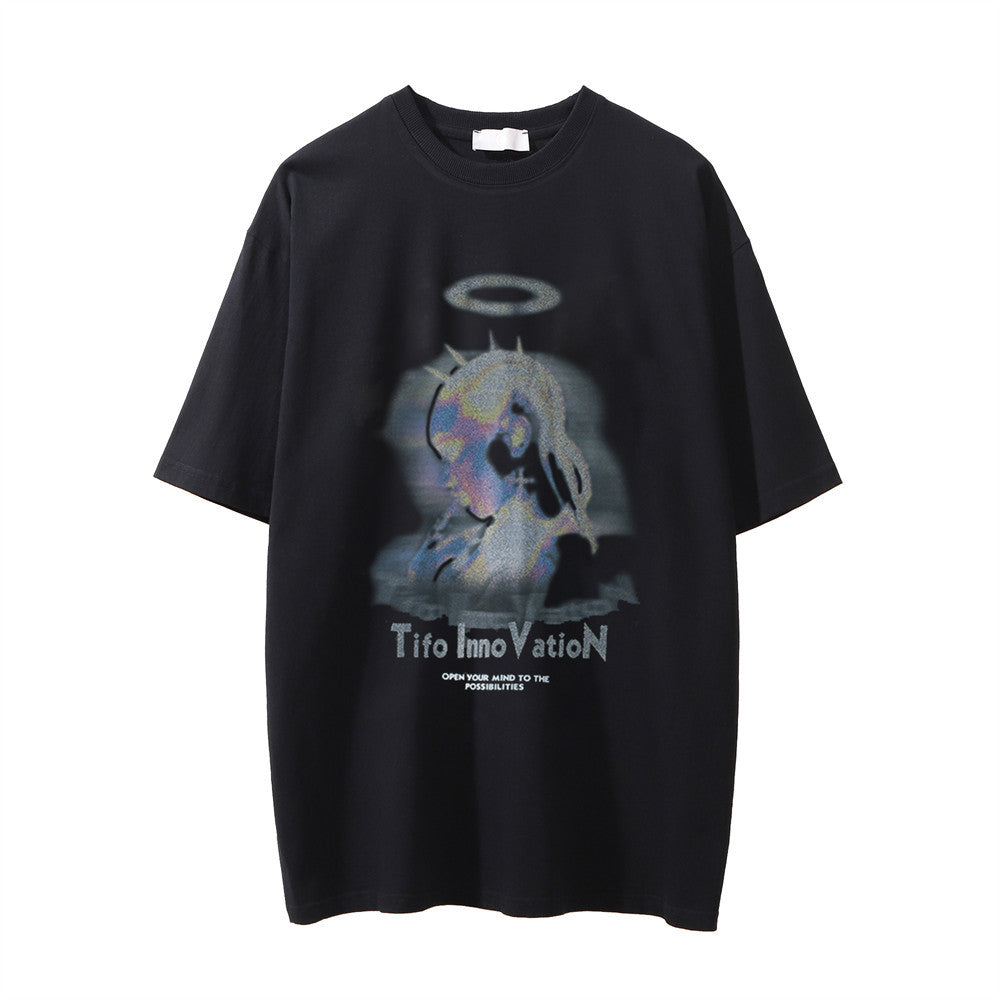 Men Vintage T-Shirt Printed Short Sleeve Washed Distressed T-shirt Men's Loose