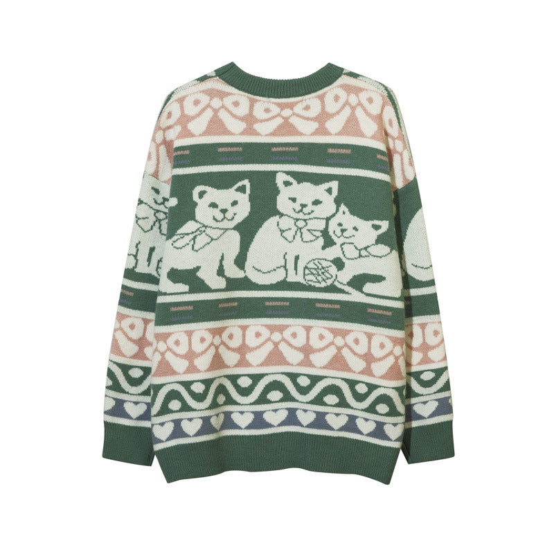 Women Sweater Cat Pattern Crew Neck Sweater Vintage Sweater