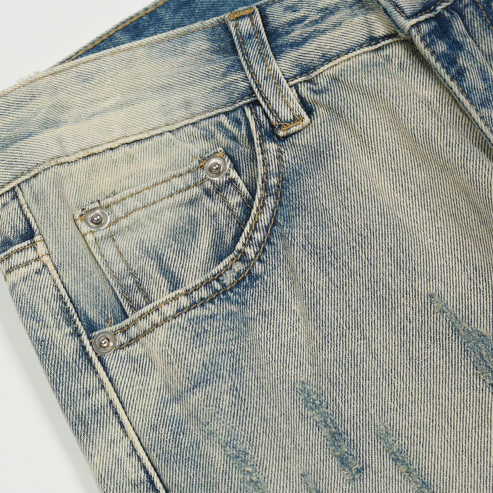 Men Jeans Hole & Patch Washed Worn Jeans Men's Zipper Split Casual Tights Trendy Slim Fit Skinny Pants