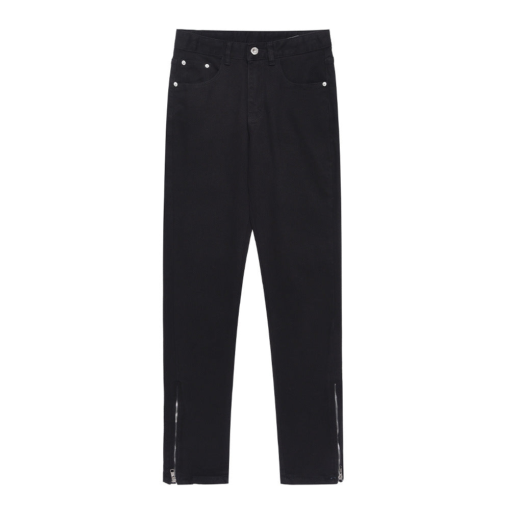 Men Jeans Pure Color Casual Versatile Leg Zipper