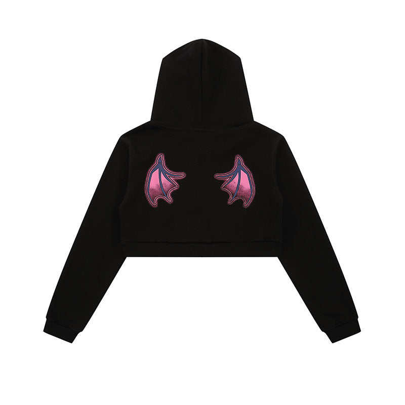 Women Hoodie Retro Sweet and Spicy Hooded Sweater Women's Spring and Autumn Devil Wings Short Top