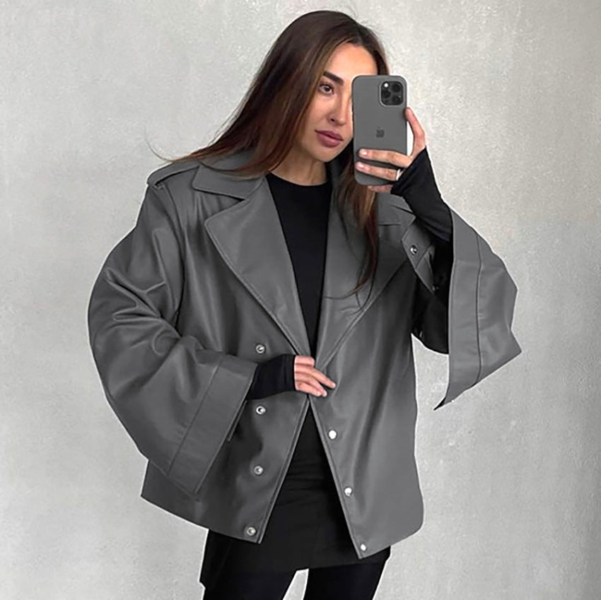 Women Trench Coat PU Leather Jacket Fleece-lined Autumn and Winter Loose