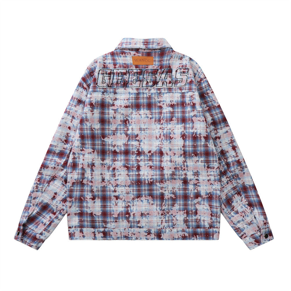 Men Jacket Coat Tie-Dyed Distressed Plaid Shirt Jacket Men's Loose Autumn Long Sleeve Zipper and Lapel Shirt Coat