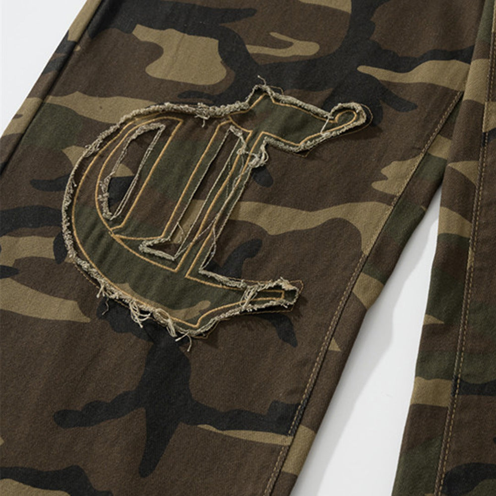 Men Sweatpants Casual Camouflage Camouflage Pants Men's Paste Cloth Embroidery Hole Straight Loose Trousers