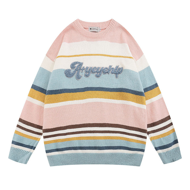 Women Sweater Vintage Mixed Color Stripe Knitted Sweater