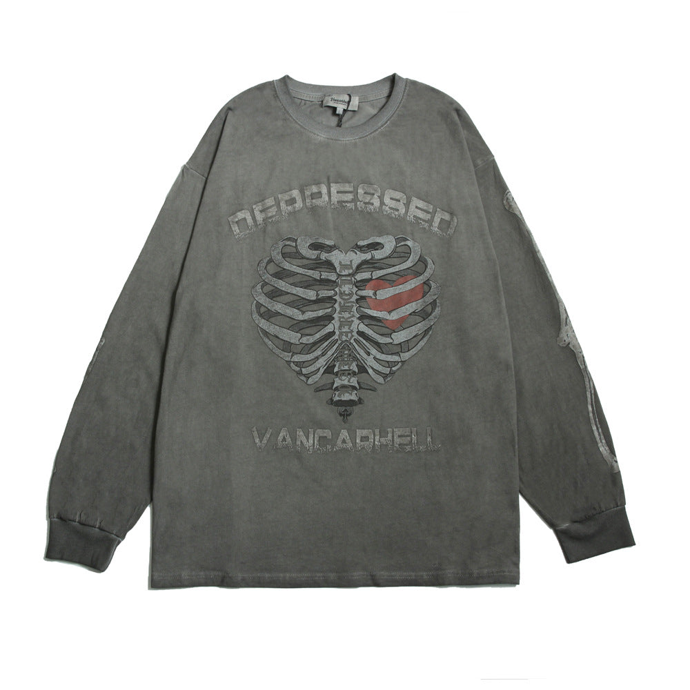 Men Long Sleeve T-Shirt Skeleton Pattern Distressed Loose