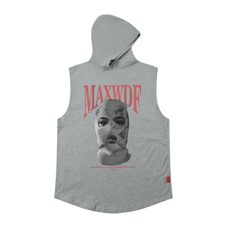 Men Vest Hooded Vest Retro Hip Hop Sleeveless T-shirt Men