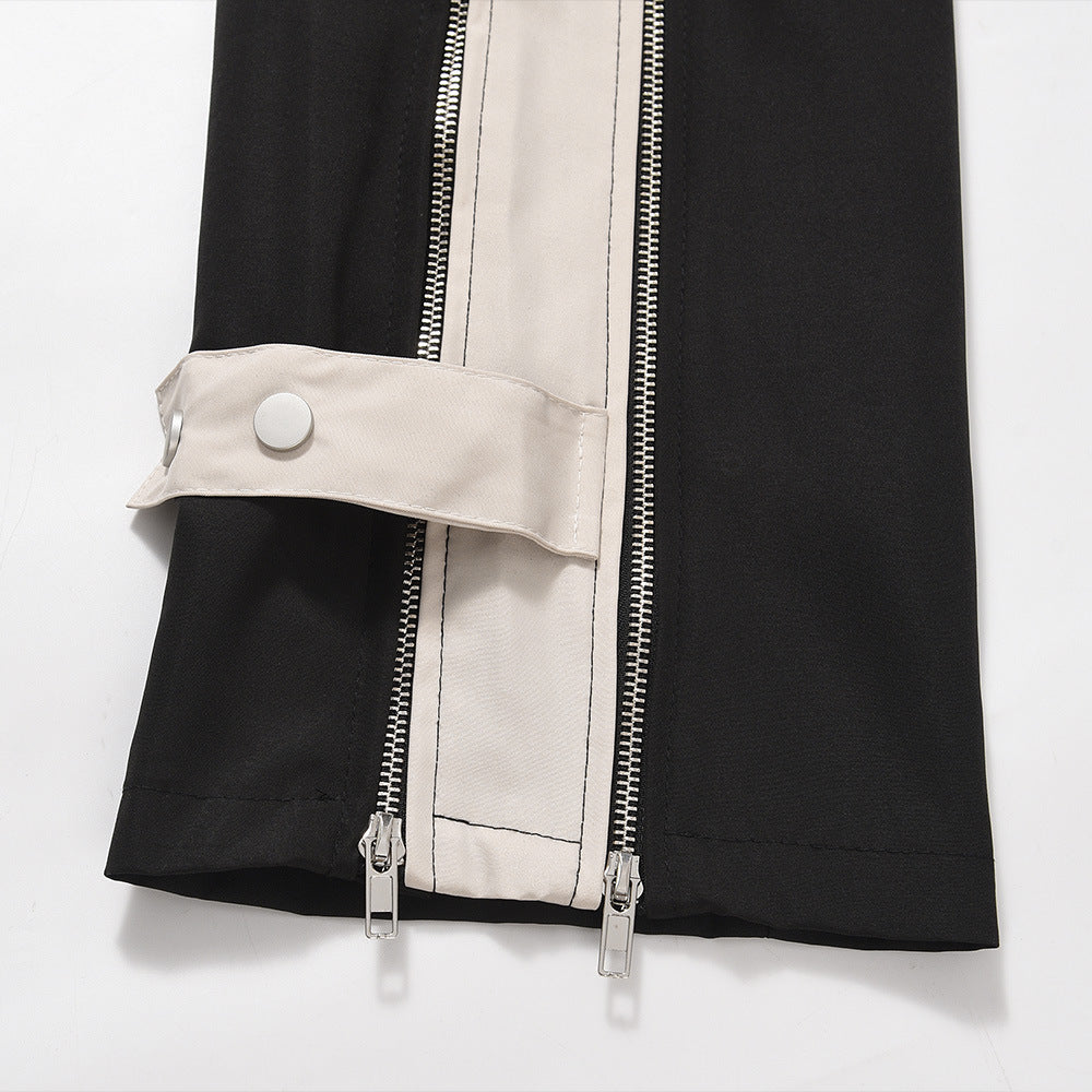 Men Sweatpants Patchwork Contrast Color Straight Casual Pants Elastic Waist Leg Zipper Loose Trousers