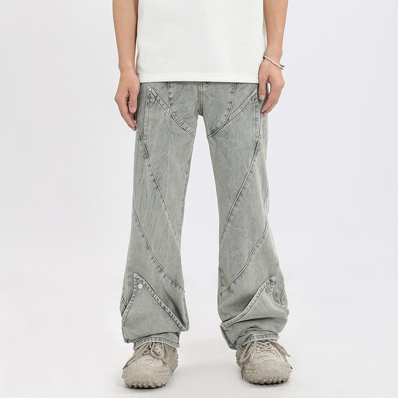Men Jeans Vintage Distressed Straight-Leg Denim Pants Straight-Leg Denim Trousers