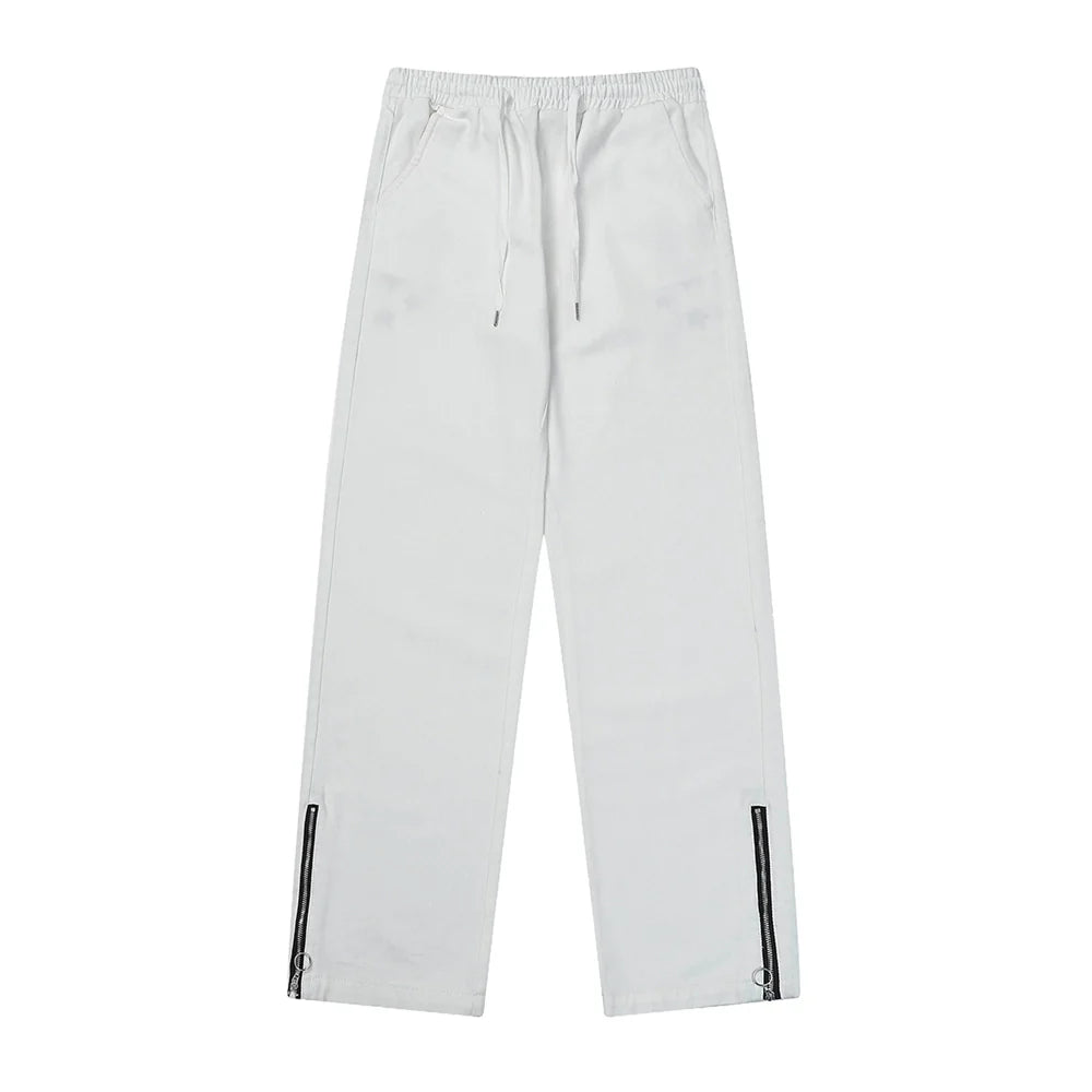 Men Sweatpants Pocket Wings Embroidered Straight Zipper Slit Jeans