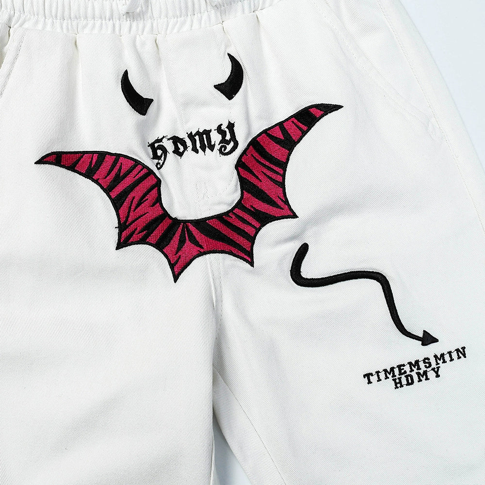 Men Sweatpants Personalized Embroidered Devil Horn Straight Casual Trousers Hip Hop Diagonal Cloth Jeans