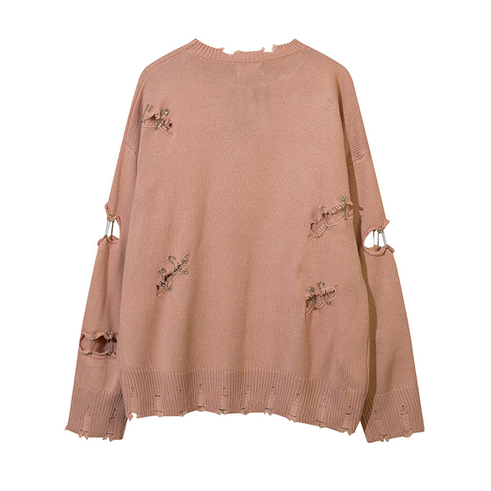 Men Sweater Ripped Pin Sweater round Neck Knitwear Niche