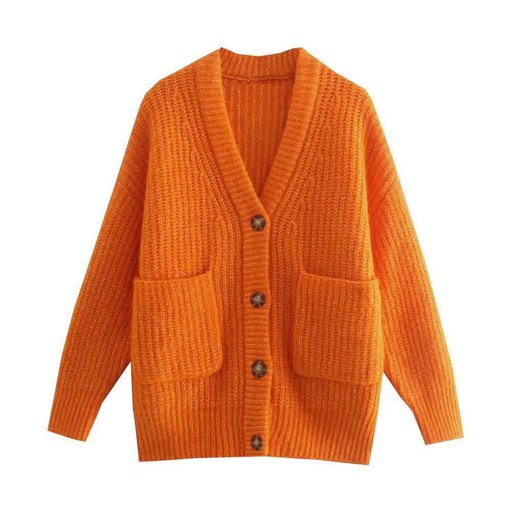 Women Sweater Knitwear Winter Pocket Decoration Thick Mid-Length Knitted Cardigan Jacket