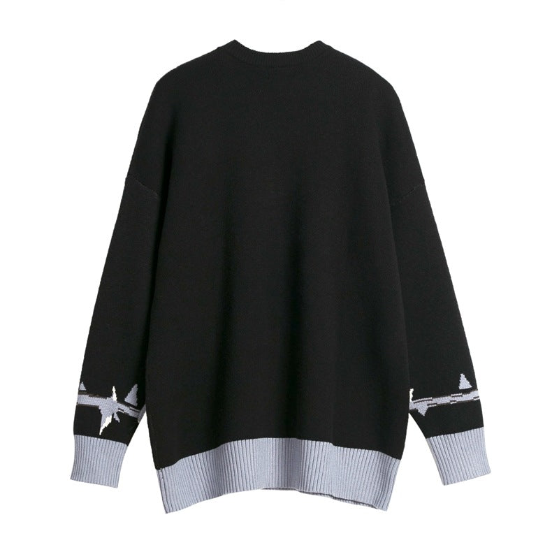Women Sweater Contrast Color Cross Knitted Sweater Oversize