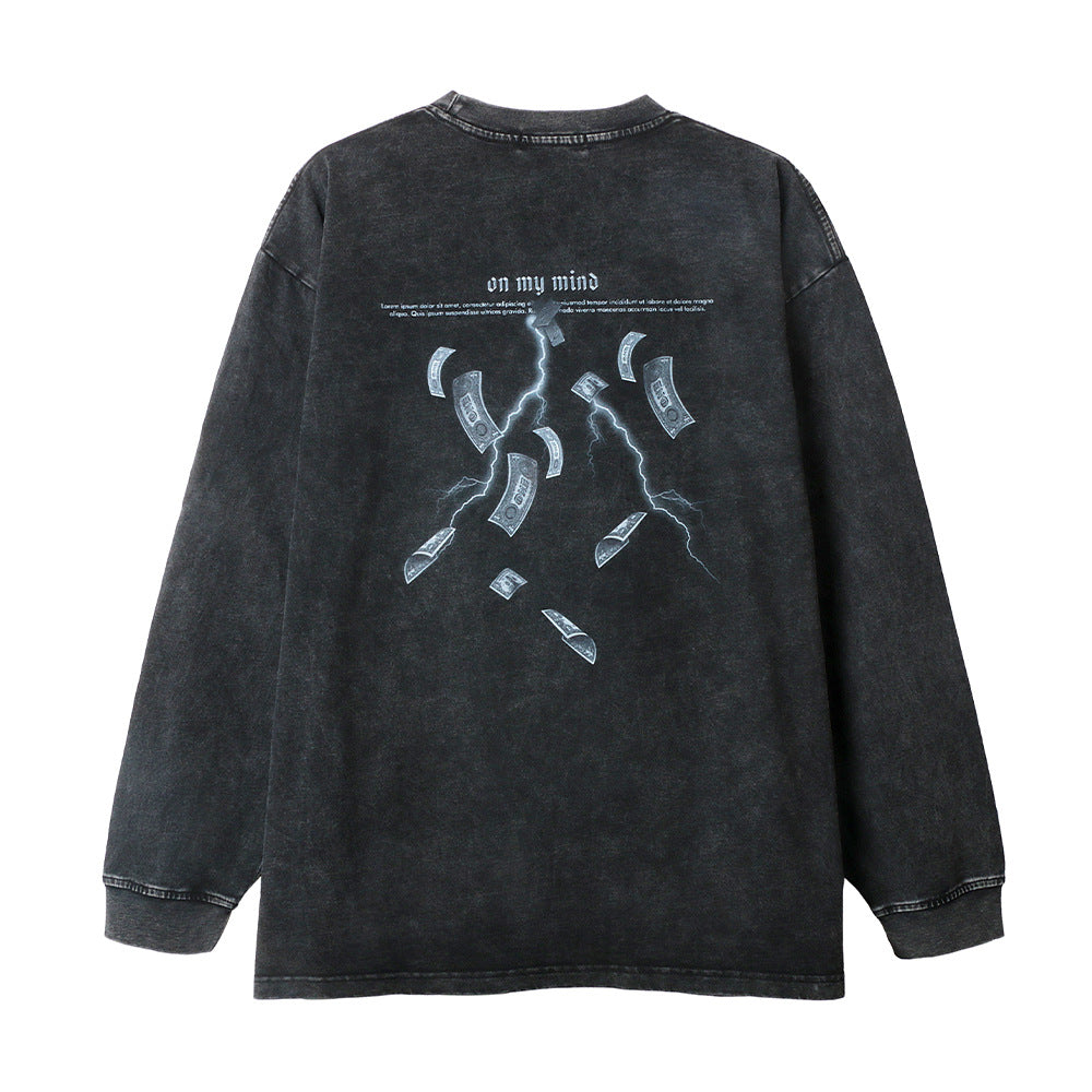 Men Long Sleeve T-Shirt Money Printed Distressed Loose