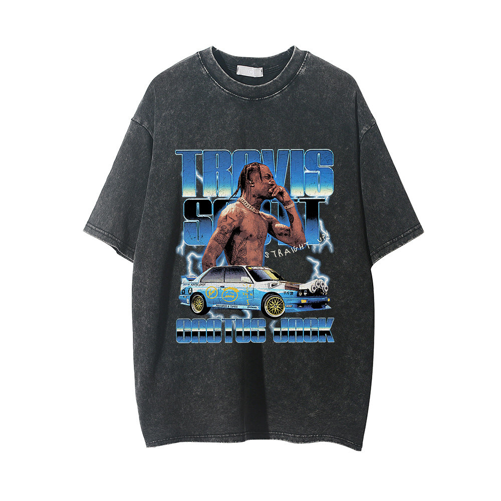 Men Vintage T-Shirt Distressed Short-Sleeved T-shirt Men's Summer Loose round Neck