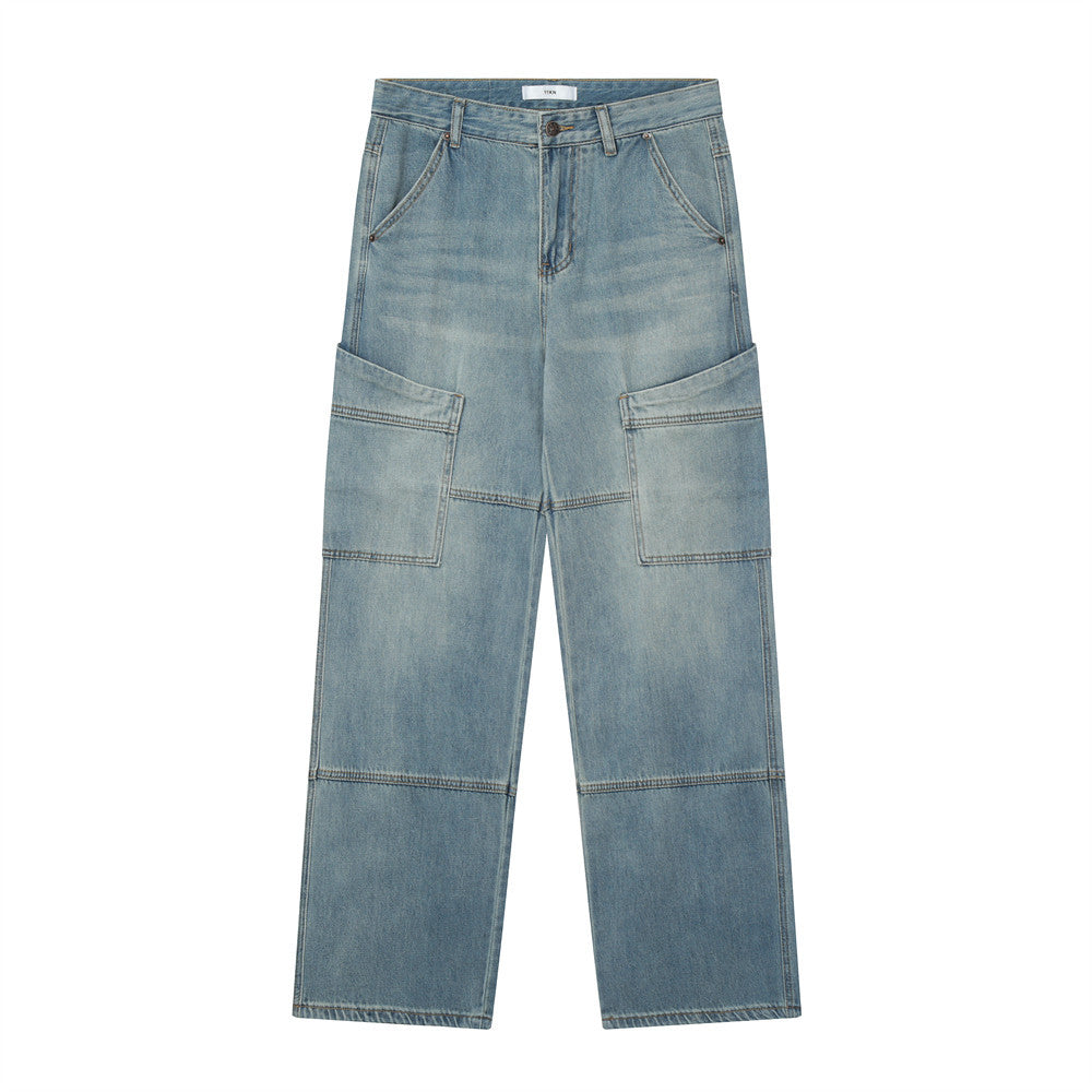 Men Jeans Overalls Loose Distressed Retro Multi-Pocket Trousers