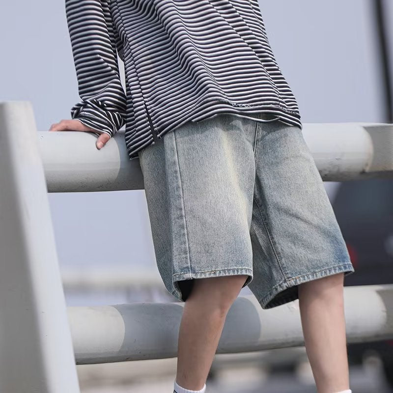 Men Jeans Retro Denim Shorts Men's Summer Washed Middle Pants Straight Wide Pants