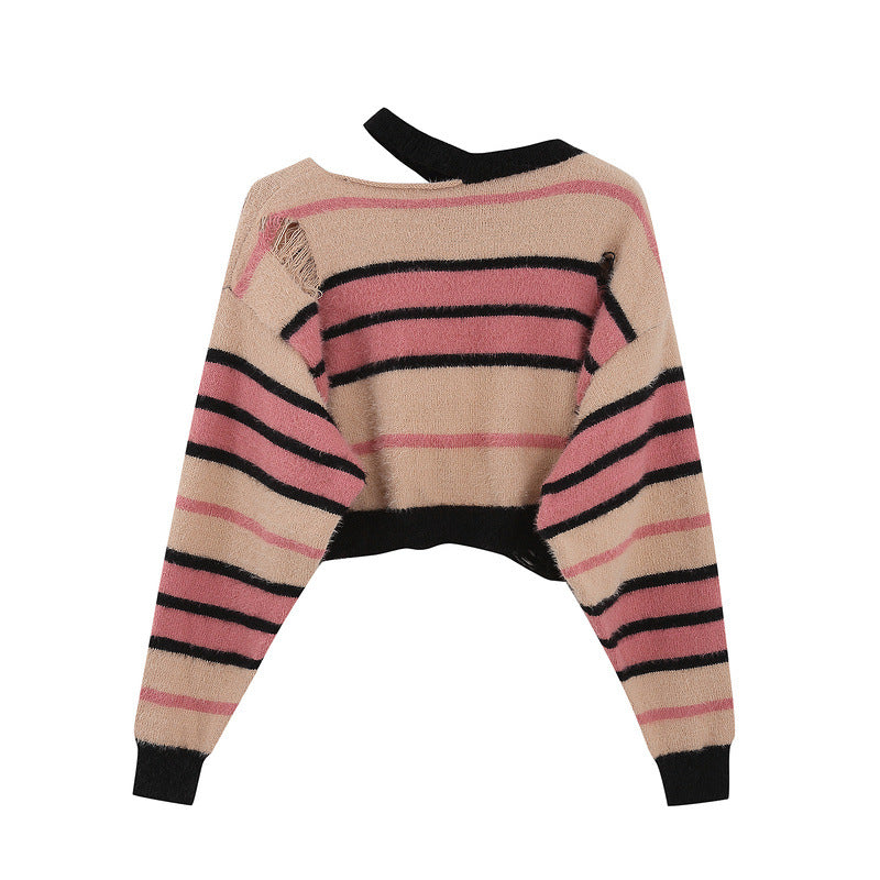 Women Sweater Vintage Stripe Ripped Knitted Sweater