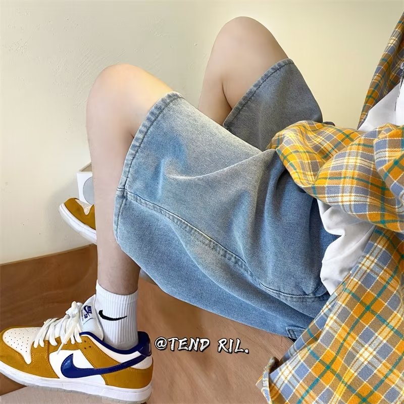 Men Jeans Denim Shorts Summer Retro Casual Baggy Straight Trousers