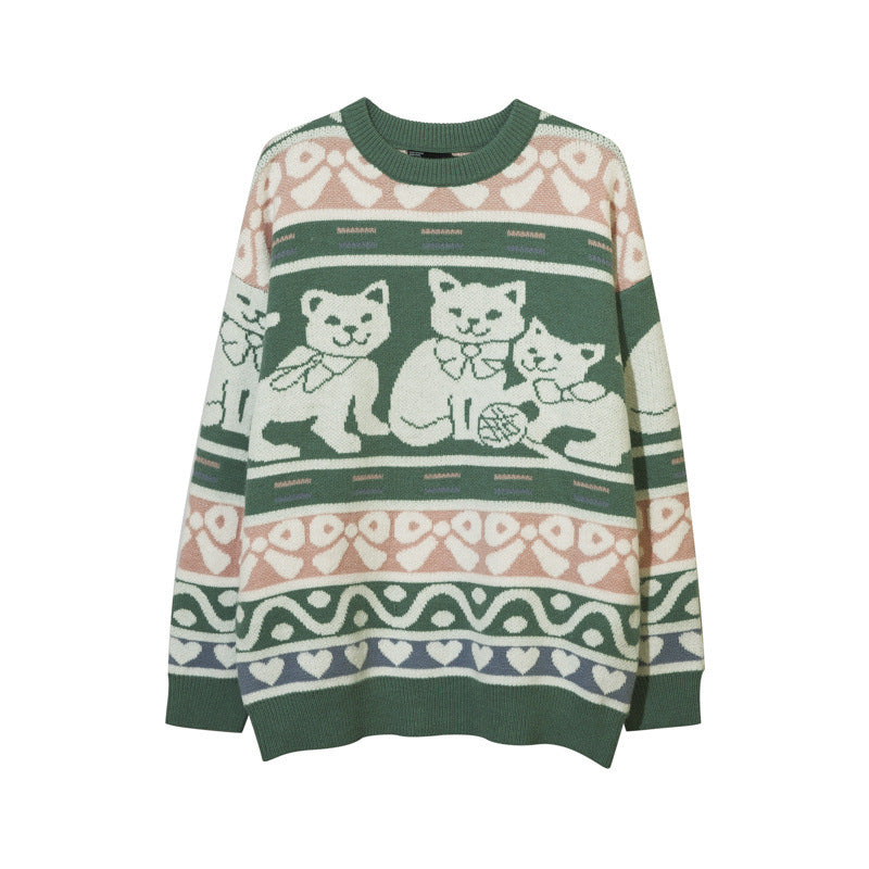 Women Sweater Cat Pattern Crew Neck Sweater Vintage Sweater