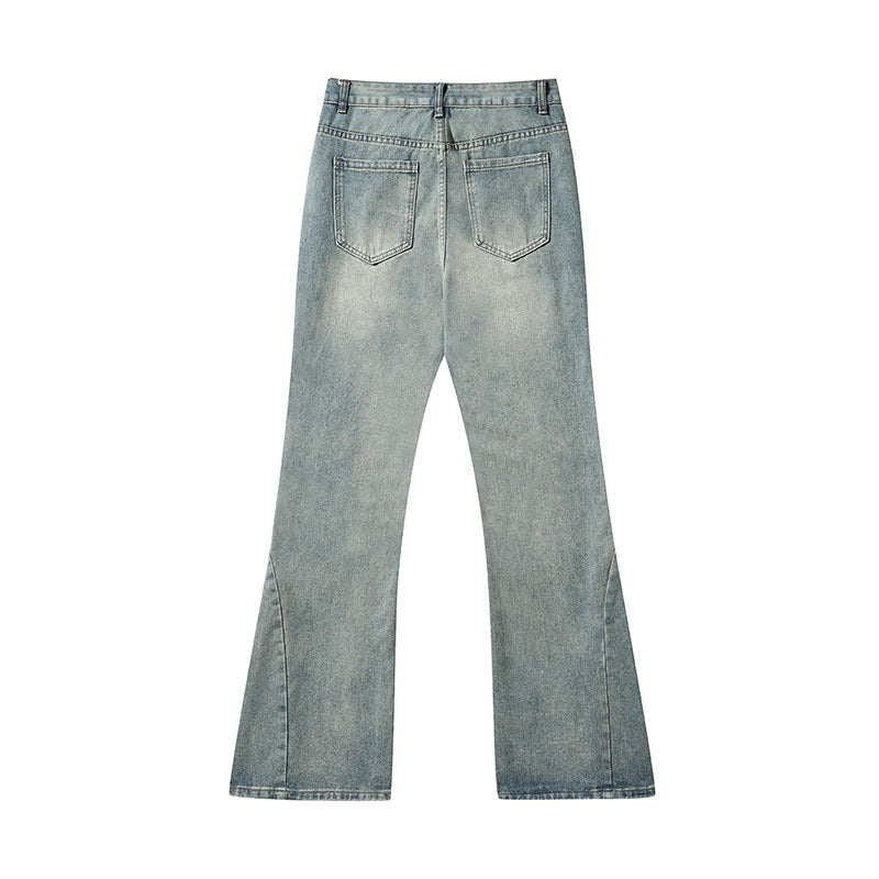 Men Jeans Retro Washed and Worn Ground White Slightly Flared Jeans