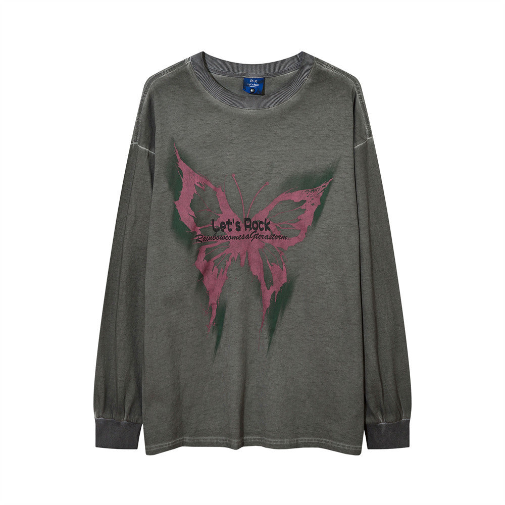 Men Long Sleeve T-Shirt Butterfly Print Distressed