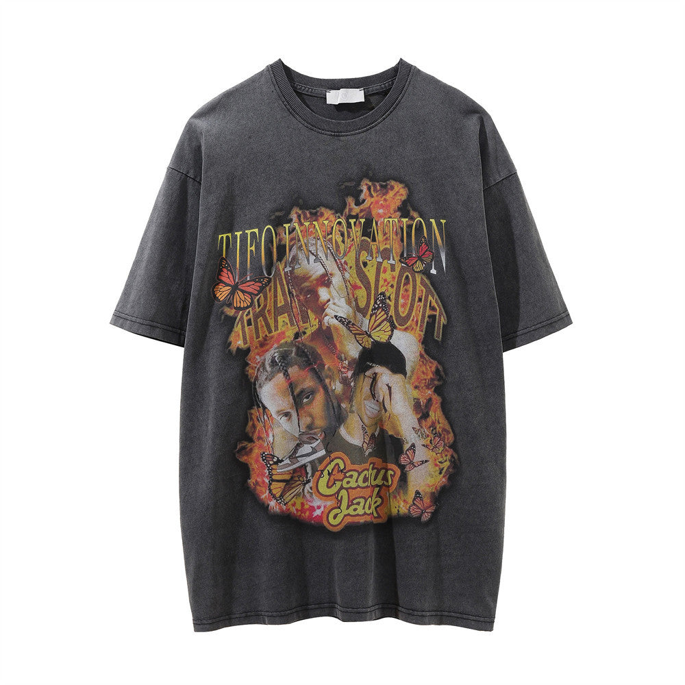 Men Vintage T-Shirt Printed Short-Sleeved T-shirt Men's Ins Washed Distressed T-shirt Summer Loose