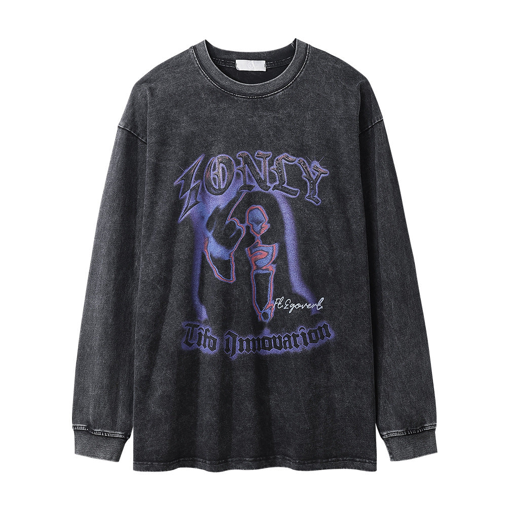 Men Long Sleeve T-shirt Abstract Printing Rock Washed Distressed T-shirt