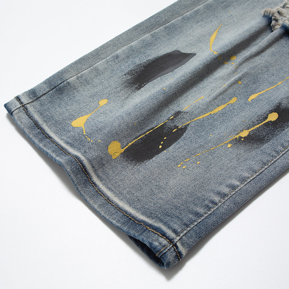 Men Jeans Splash Ink Hole Punk Loose Distressed