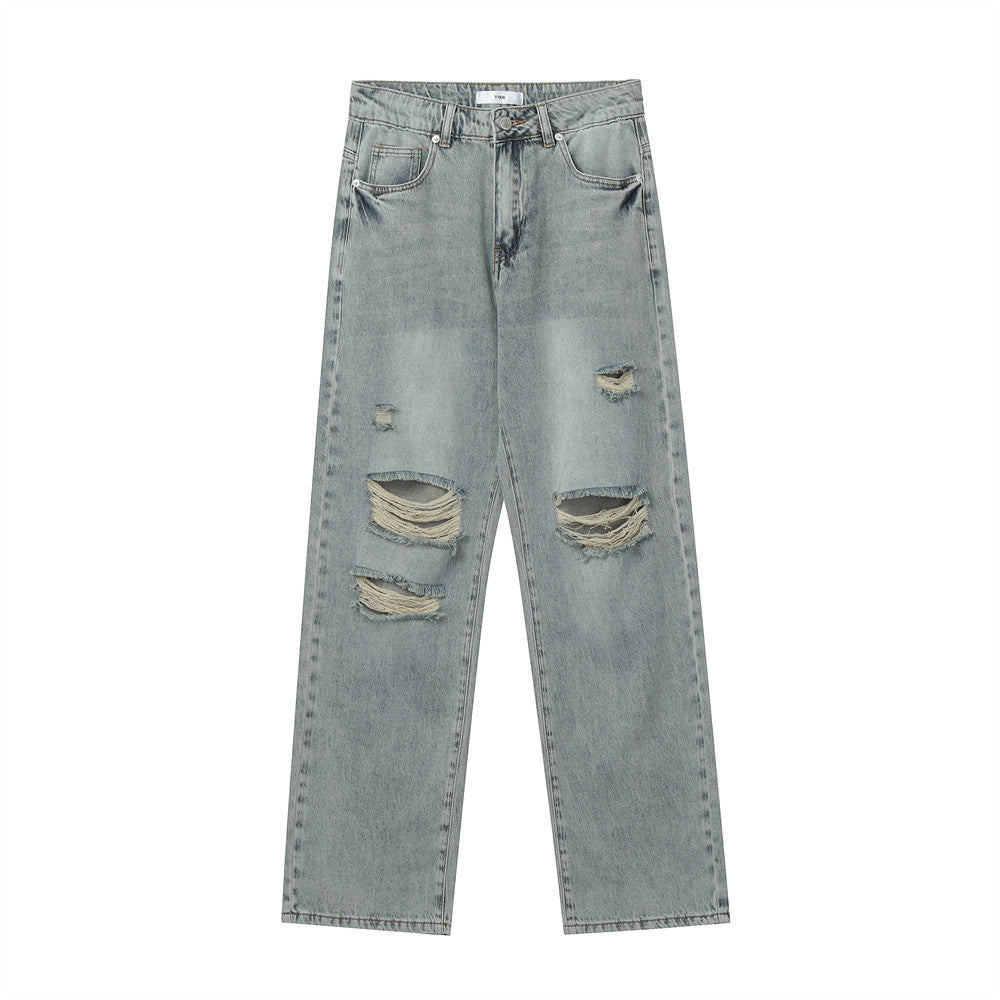 Men Jeans Ripped Distressed Loose Retro Leisure