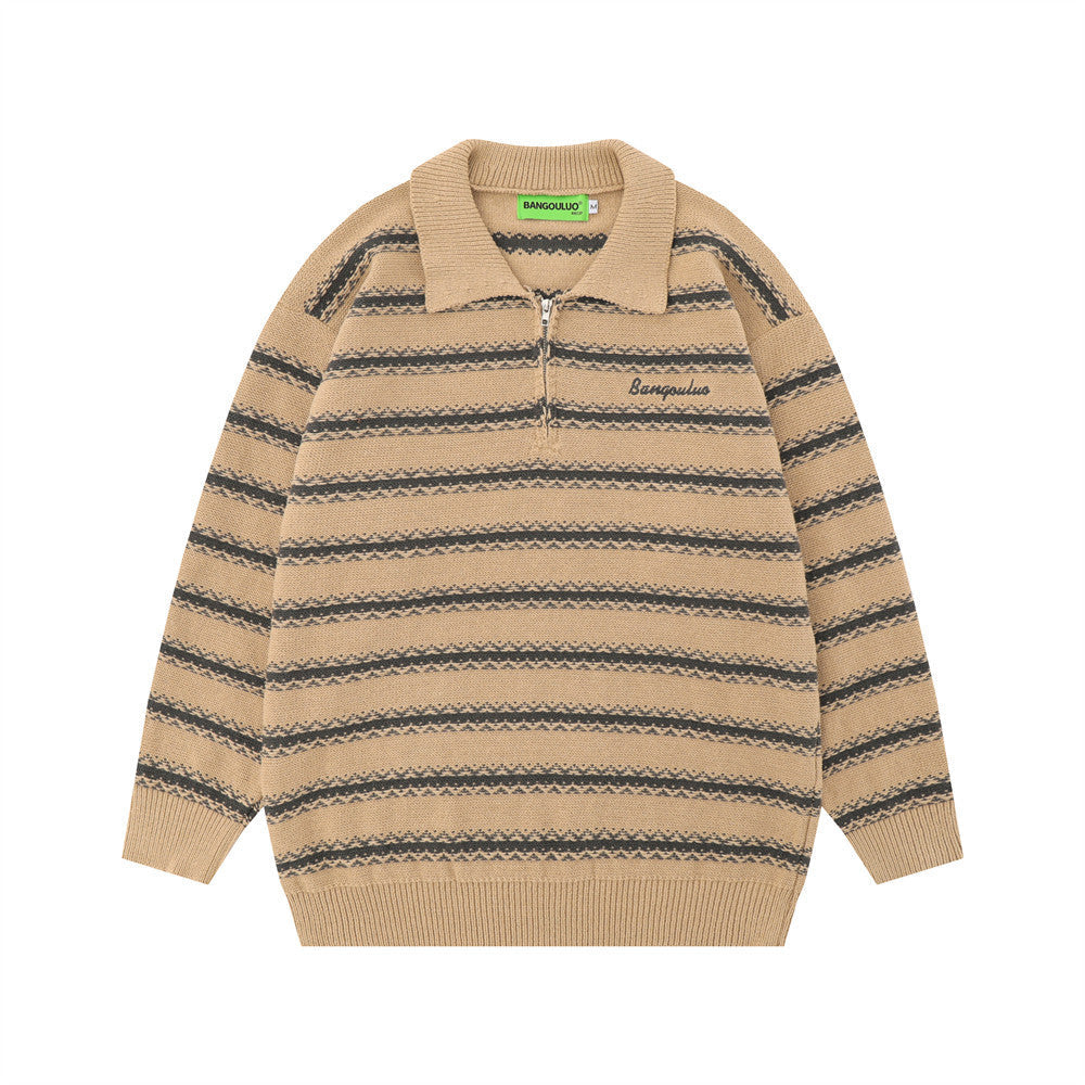 Men Sweater Striped Fur Lapel Clothing Loose Casual