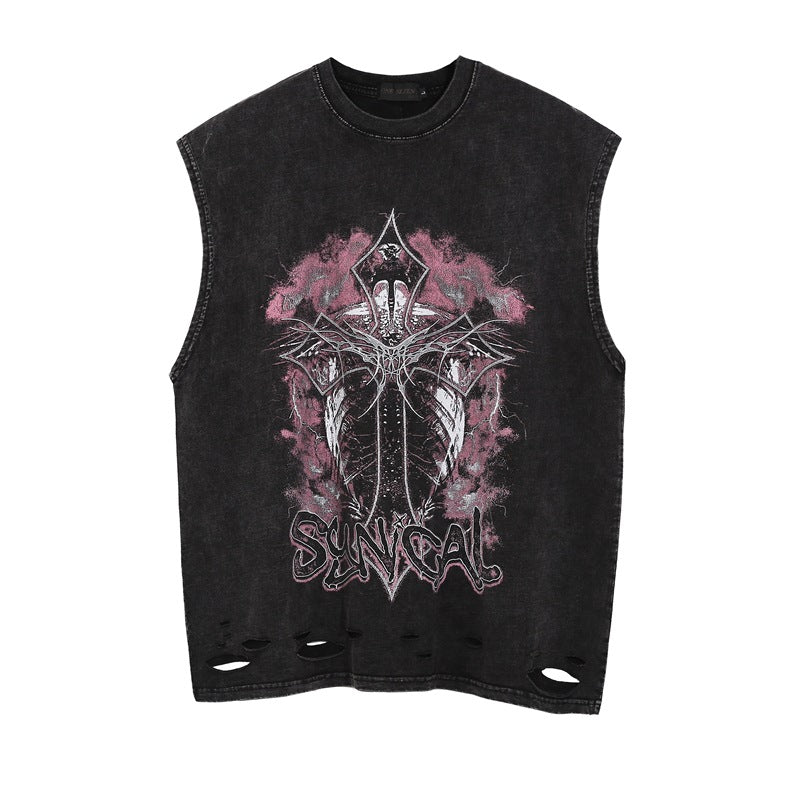 Men Vest Vintage Gothic Cross Washed Distressed Vest
