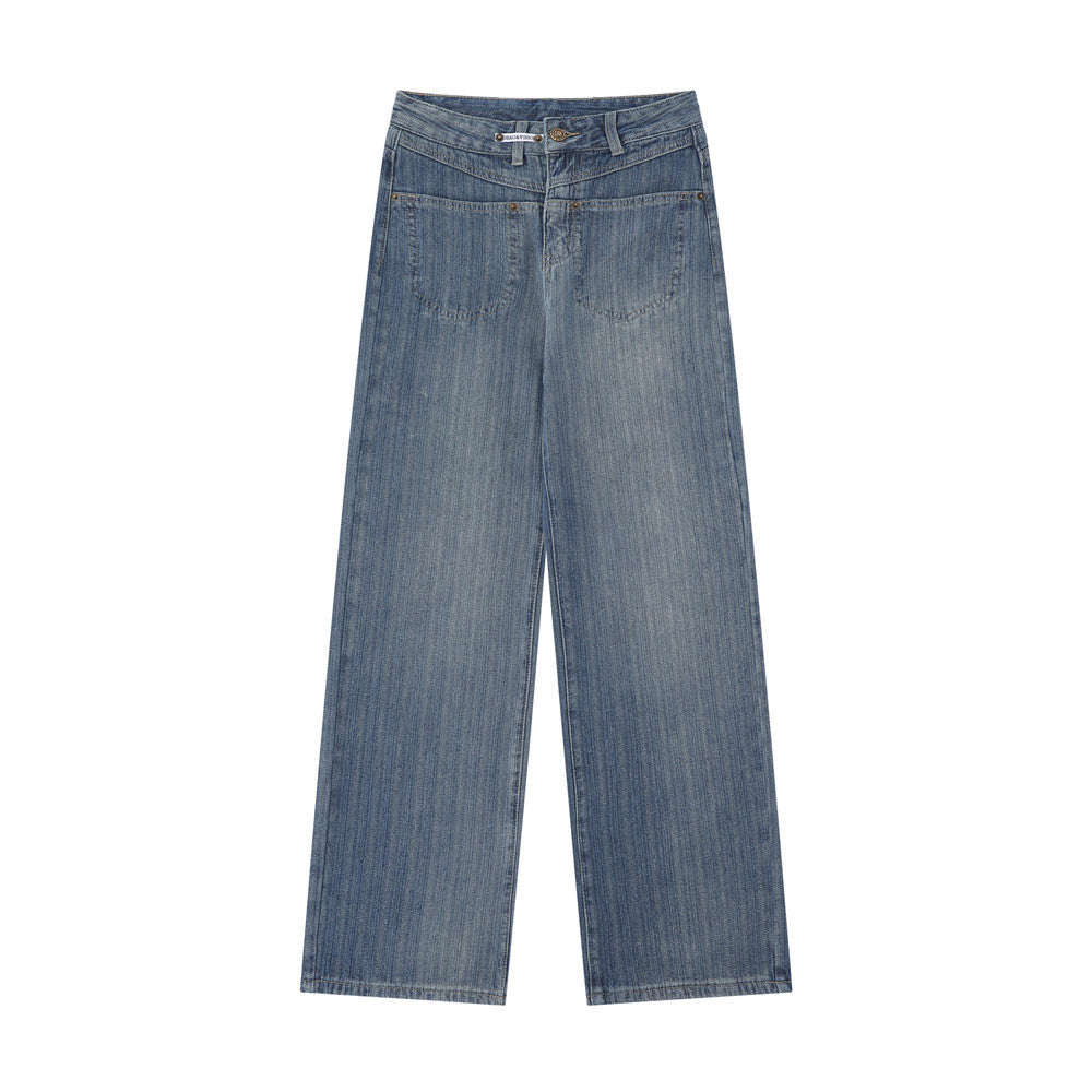 Women Pants Straight Jeans Loose Pockets Casual Trousers