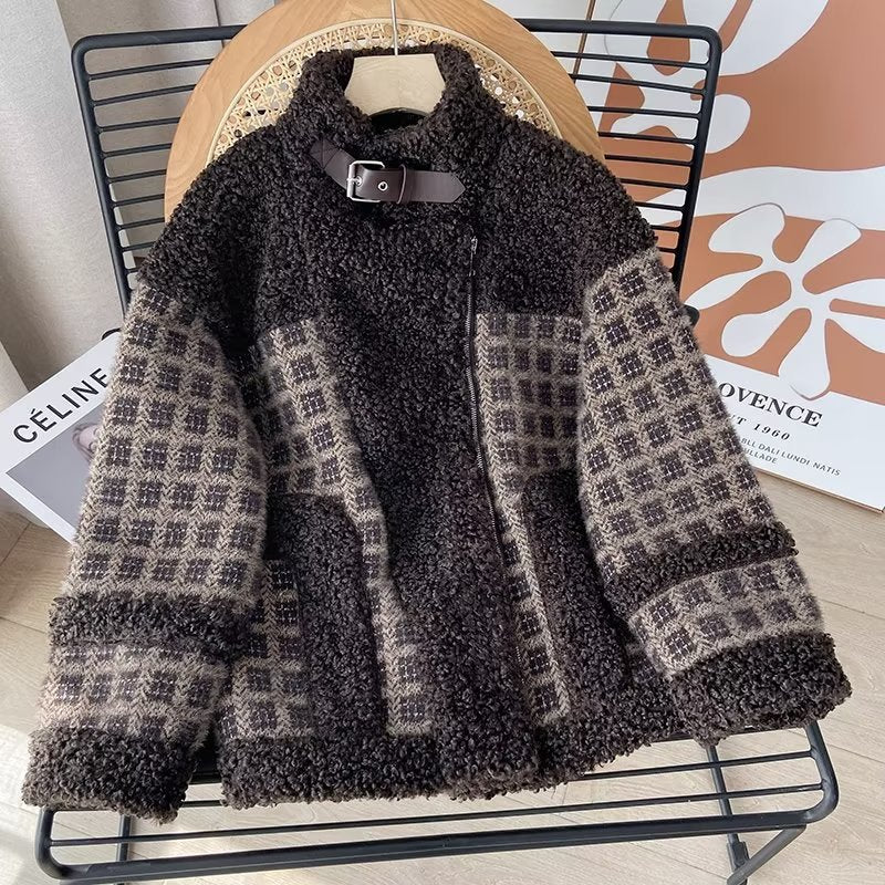 Women Cotton Coat Lamb Wool Leather Coat Loose Lapel