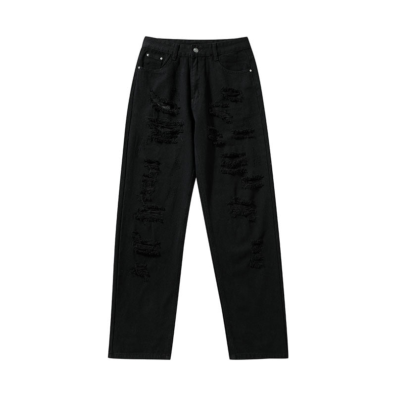 Men Jeans Ripped Jeans Vintage Distressed Straight-Leg Denim Trousers