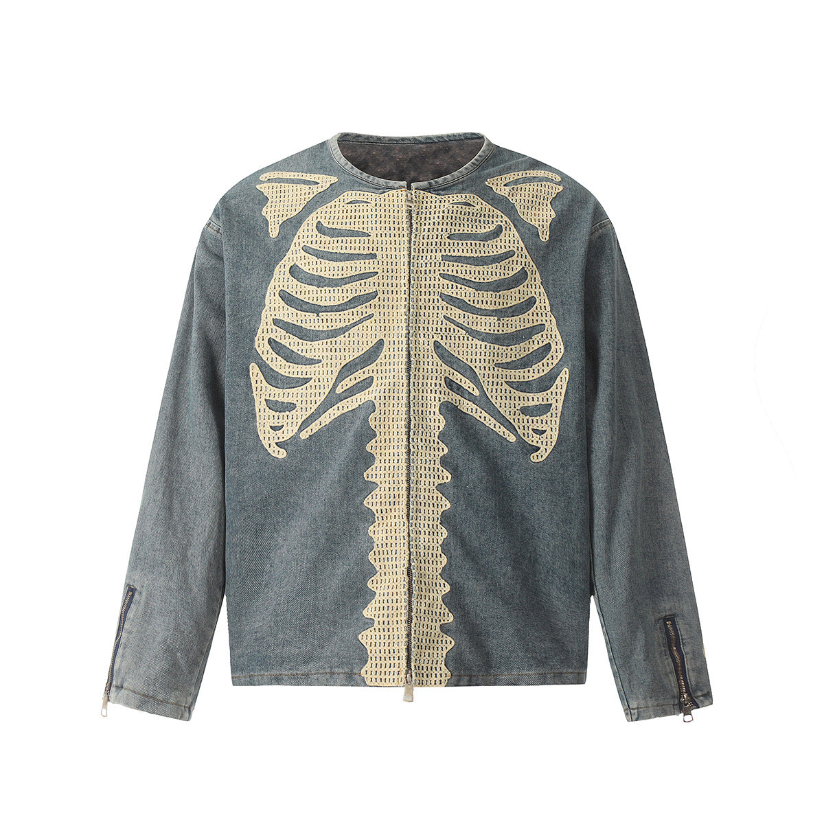 Unisex Denim Jacket Skeleton Embroidered Loose Cardigan Denim Jacket
