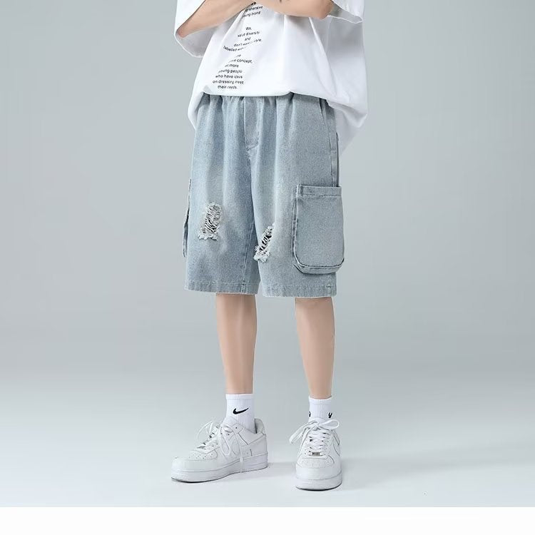 Men Jeans Ripped Workwear Pants Men's Summer Retro Denim Shorts