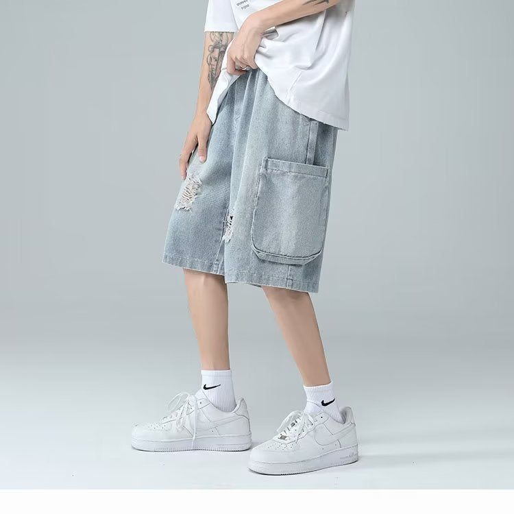 Men Jeans Ripped Workwear Pants Men's Summer Retro Denim Shorts